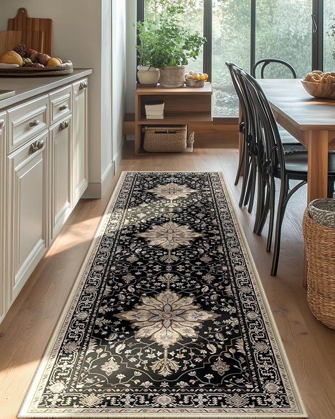 RELEANY Washable Area Rug, Runner 2'x8', Black/Neutral | Non-Slip, Water Repellent, Pet Friendly, Easy to Clean, Vintage Floral Boho Decor for Kitchen Hallway Bedroom Laundry