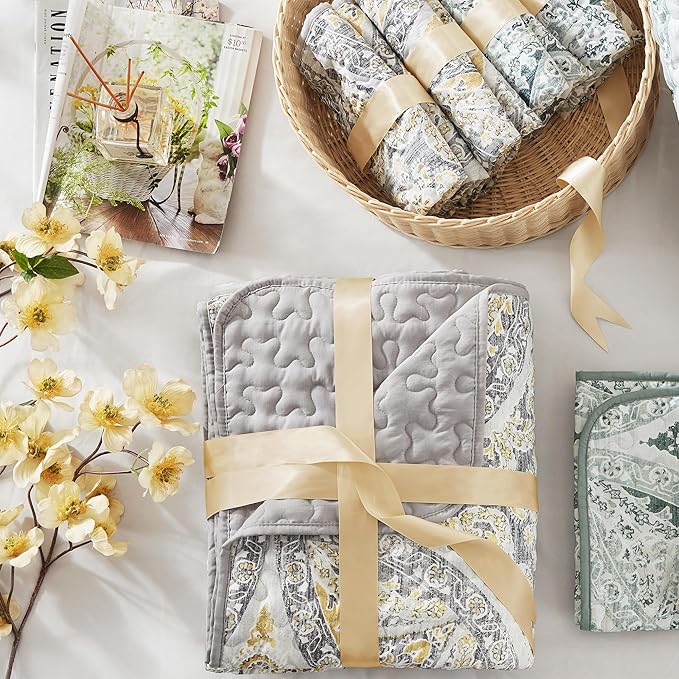 Comfort Spaces Gloria Full Queen Quilt Set 3 Piece for Summer Gray/Yellow | Reversible Coverlet Bedspread, Soft All Season, Medallion Pattern, Winter Layer with Shams Modern Lightweight, Cozy Comfort