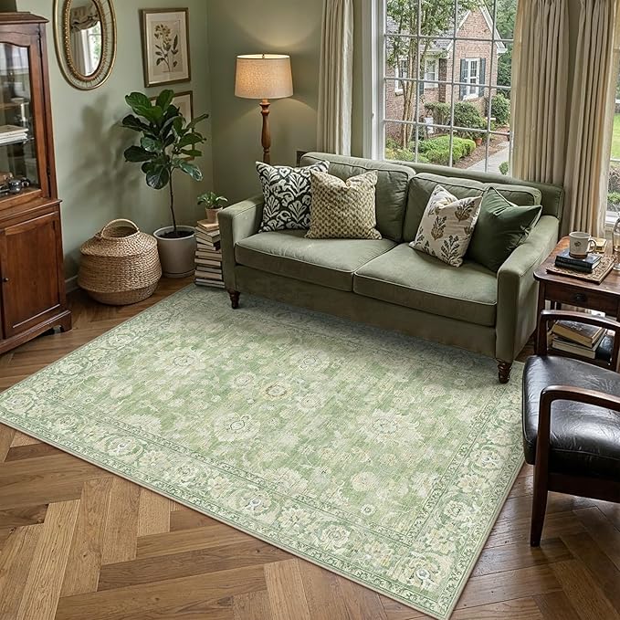 6x9 Green Neutral Area Rug | Washable, Vintage, Soft, Non Slip, Low Pile, Distressed, Carpet for Living Room Bedroom Dining Room Nursery Home Decor