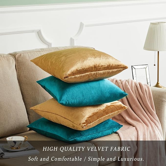 GIGIZAZA Pack of 4 Decorative Velvet Pillow Covers 20x20 Teal Gold | Throw Pillows for Couch Sofa,280gsm Soft Textured Fabric,Modern Accent Pillowcases,Luxury Living Room Cushion Covers
