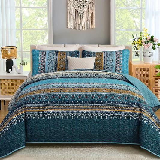WONGS BEDDING Bohemian Queen Size,3 Pieces Soft Blue Bedspread Set | Boho Striped Printed Quilts Bedspread Set for All Seasons, Lightweight Microfiber Coverlet Set with Shams(96"x90")