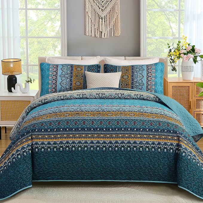 WONGS BEDDING Bohemian King Size,3 Pieces Soft Blue Bedspread Set | Boho Striped Printed Quilts Bedspread Set for All Seasons, Lightweight Microfiber Coverlet Set with Shams(104"x90")