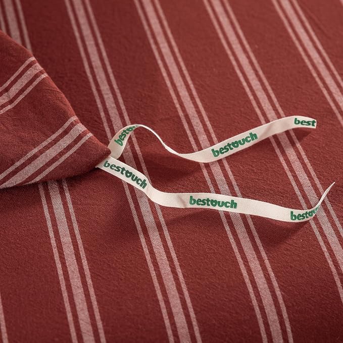 BESTOUCH Striped Cotton Duvet Cover Set Linen Feel Twin | 100% Washed Cotton, Soft Wrinkle Texture, Hidden Zipper, 8 Ties, Breathable Lightweight Durable Comfy, 2 Pcs No Insert