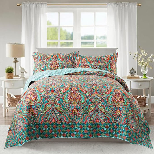 Cotton Bedspread Quilt Sets-Reversible Patchwork Coverlet Set, European Gorgeous Floral Pattern, California King Size