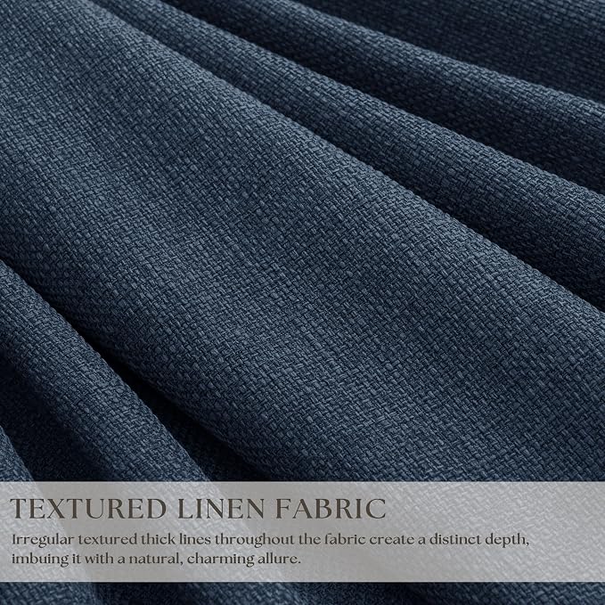 Navy Blue Pinch Pleated Linen Blend Full Blackout Curtains 86 Inch Length | Linen Blend Window Curtain with Liner, 100% Black Thermal Insulated, Pinch Pleat with Hooks Rings, for Living Room Bedroom