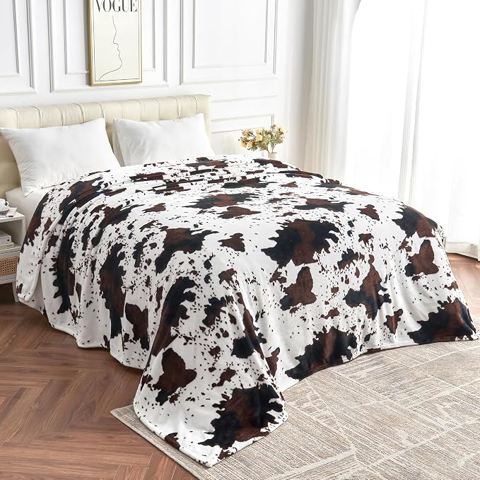 Edenleaf King Size Cow Blanket for Couch Bed, Soft Cozy Fleece Cow Printed Blanket for All Seasons 90"x108" (Dark Brown)