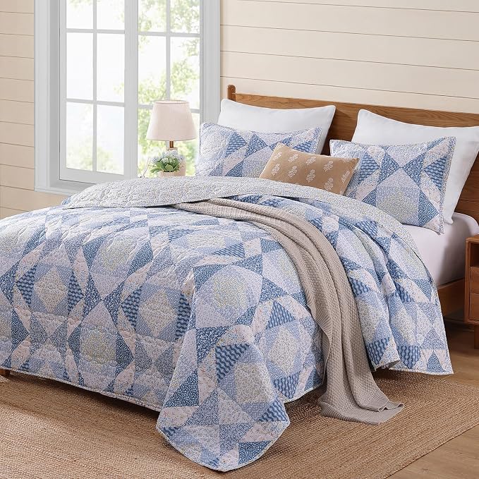King Quilt Set-3 Pieces Soft Bedding Lightweight Floral Patchwork Coverlet | All Seasons Quilts Queen Size for Bed, 1 Quilt (106" x 94") and 2 Shams (20" x 36"), Vintage Bedspread, Blue Marigold