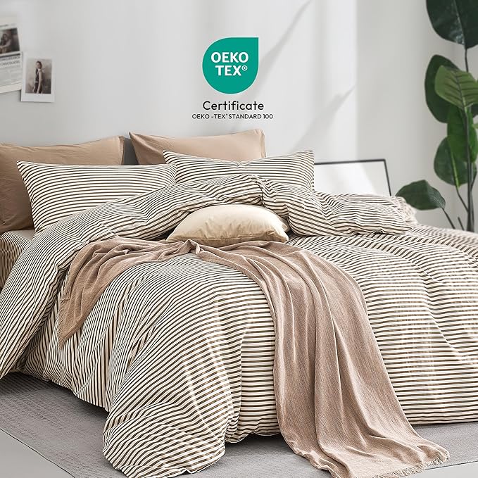 JELLYMONI 100% Cotton Classic Striped King Duvet Cover Set, Tan/White | Breathable Softness, Oeko-Tex Certified, Classic Stripes, 8 Corner Ties & Double Hidden Zipper