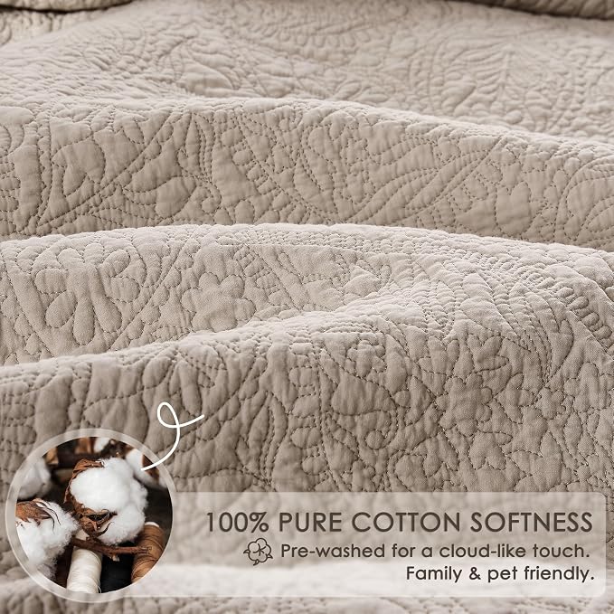WDCOZY King 100% Cotton Paisley Quilt Bedding Set Beige Comforter | Pre-Washed Thin Farmhouse Bedspread, 106"x96" Coverlet + 2 Shams 20"x36", Soft Lightweight, All-Season, Textured Like Linen