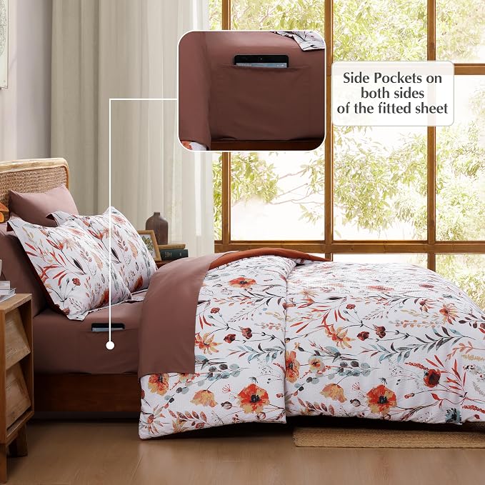 Full Size Comforter Sets - 7 Pieces Floral Bed in a Bag Full Bedding Set | Terracotta Botanical Texture Flowers Comforter Set with Sheets, Pillowcases & Shams for All Seasons