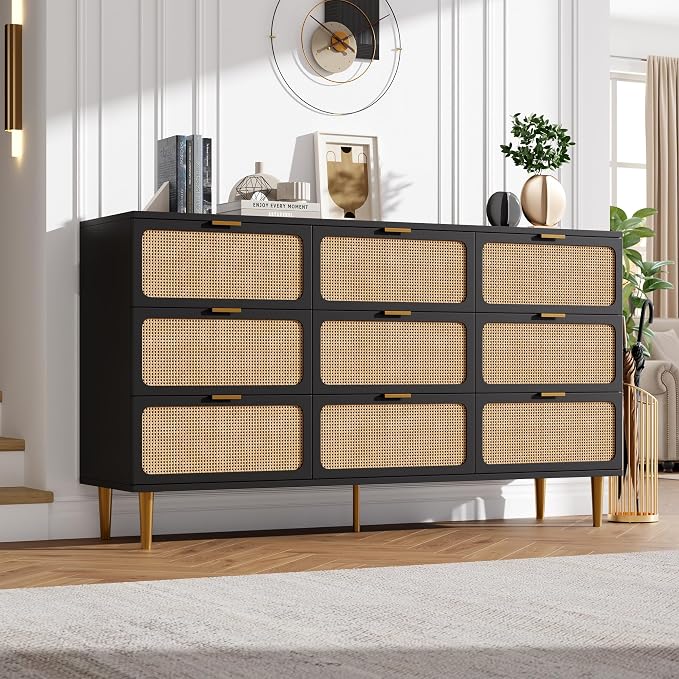 GarveeHome Rattan 9 Drawer Dressers for Bedroom, Deep Drawer, Black | Tall Dresser, Wide Top, for Living Room, Hallway, Kids Room, Large Chest of Drawers for Closet, Long Wooden Dresser