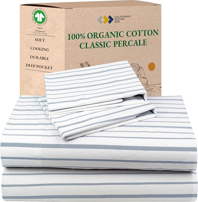 California Design Den 100% Organic Cotton King Size Bed Sheets, 4 Pc Set | GOTS Certified, Lightweight Crisp & Airy Percale For Hot Sleepers, 15" Deep Pocket, All-around Elastic - Blue Stripe Print