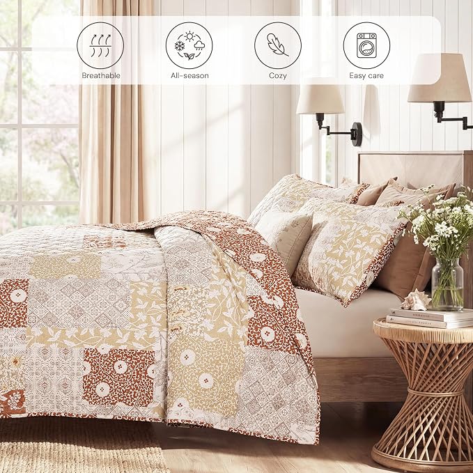 Queen Quilt Set-3 Pieces Soft Bedding Lightweight Floral Patchwork Coverlet | All Seasons Quilts Queen Size for Bed, 1 Quilt (90" x 94") and 2 Shams (20" x 26"), Vintage Bedspread, Terracotta