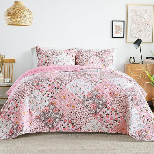 Whale Flotilla Patchwork Quilts Twin Size, Extra Soft Floral Bedspreads | Pink Reversible Lightweight Twin Quilt Bedding Set for Bed, Printed Coverlets with 1 Pillow Sham for All Seasons