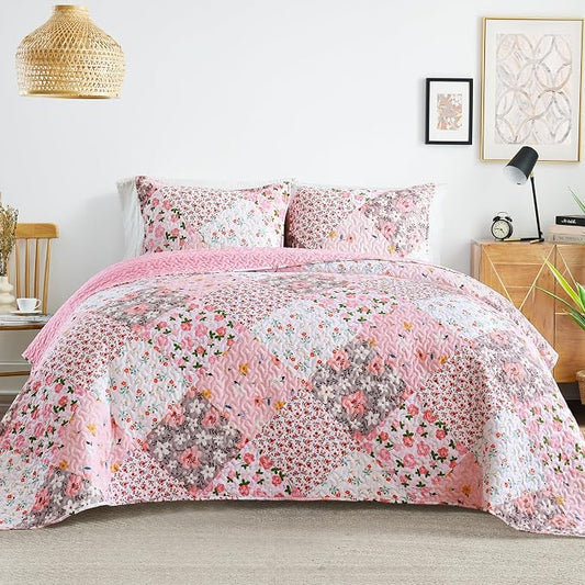 Whale Flotilla Patchwork Quilts Queen Size, Extra Soft Floral Bedspreads | Pink Reversible Lightweight Full Queen Quilt Bedding Set for Bed, Printed Coverlets with 2 Pillow Shams for All Seasons