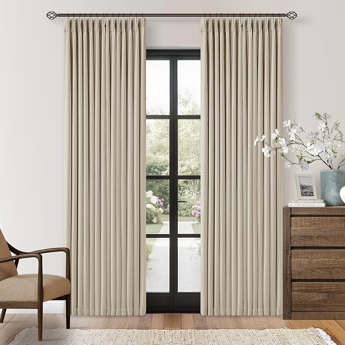 Oatmeal Beige Linen Pinch Pleat Blackout Curtains 84 Inches Long with Liner | 100% Black Out Room Darkening, Pinch Pleat Drape with Liner, Sand Beige Neutral Farmhouse, for Living Dining Room Bedroom