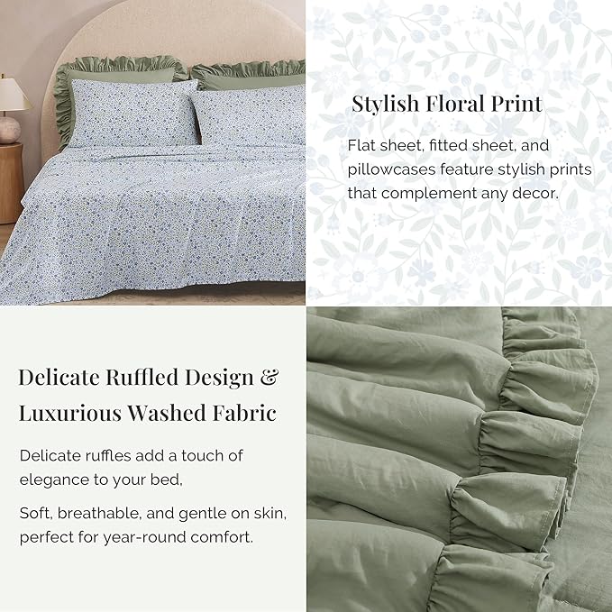 Oversized King Comforter Sets-7 Pieces Ruffle Bedding | Sage Green Bed in a Bag, Soft Lightweight All Season Farmhouse King Size Bedding Sets with Floral Sheets, Pillowcases & Shams
