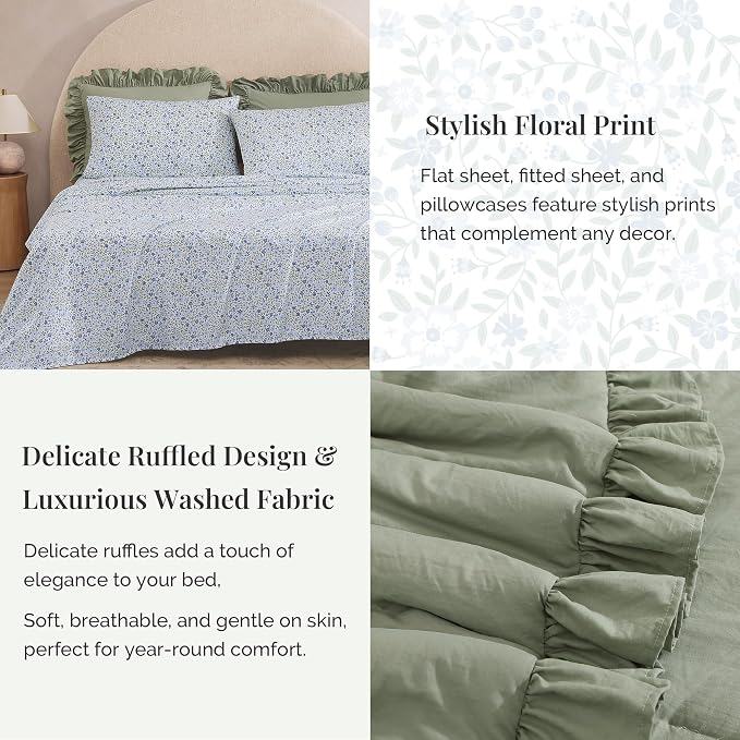 Queen Comforter Set-7 Pieces Ruffle Bedding with Floral Sheet | Sage Green Bed in a Bag, Soft Lightweight All Season Farmhouse Queen Bedding Sets with Floral Sheets, Pillowcases & Shams