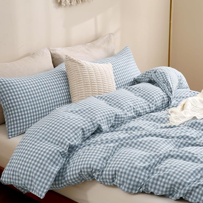 TOCOMOA Blue Gingham Duvet Cover Bedding Set Washed Cotton Like Linen Queen | 100% Washed Cotton Linen-Like Feel Soft, Breathable & Comfy. Lightweight Bedding Set with Zipper & 8 Ties. 3 Pcs, No Insert