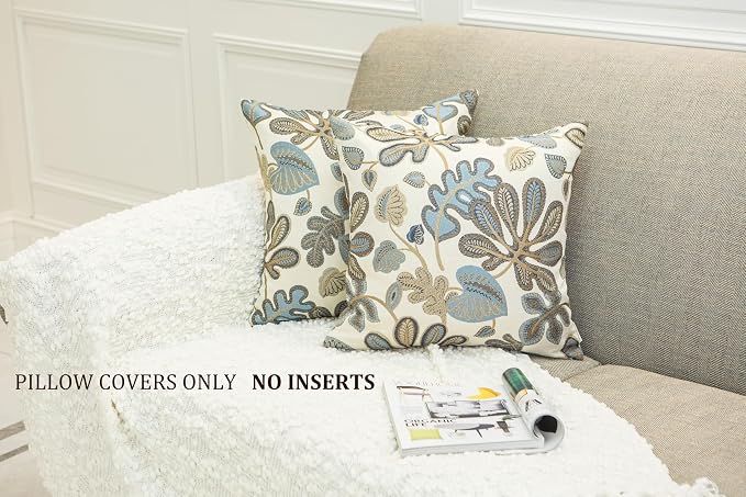 Mika Home Set of 2 Jacquard Tropical Leaf Pattern Throw Pillow Covers Decorative Pillowcase 20x20 Inches, Blue Cream