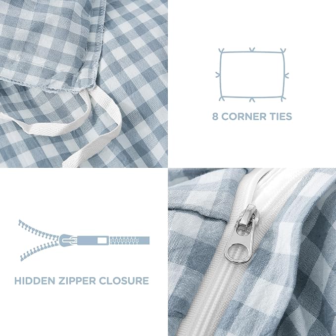 ATsense Blue Gingham Ruffle Duvet Cover Set Cotton Like Linen, King | 100% Washed Cotton Linen-Like Feel Soft, Breathable & Comfy. Farmhouse Bedding Set with Zipper & 8 Ties. 3 Pcs, No Insert