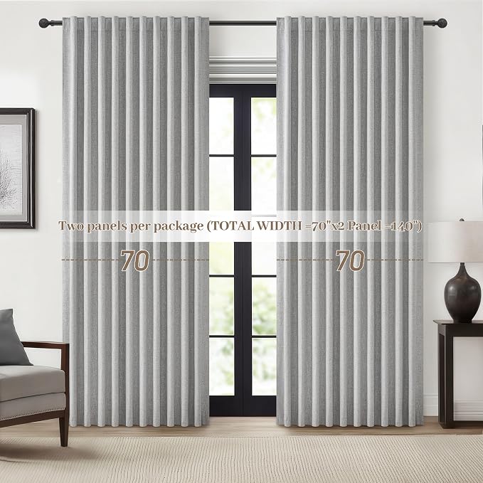 Gray Blackout Curtains 70 Inches Extra Wide Linen Curtains 84 Inch Length for Kids Boys Room/Nursery, Pleated Bedroom Thermal Drapes for Winter Thick Window Energy Efficient 70"W x 84"L 2 Panels