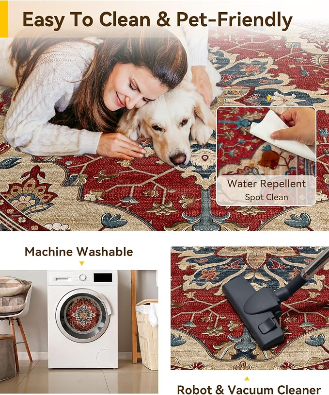 RELEANY Washable Area Rug, Round 8ft, Red/Blue | Non-Slip, Water Repellent, Pet Friendly, Easy to Clean, Vintage Floral Boho Decor for Living Room Bedroom Dining Room