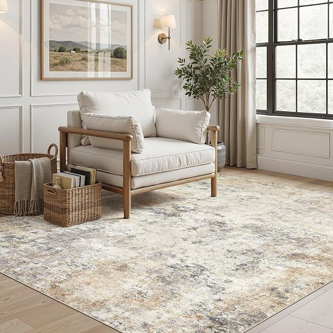 UERMEI 5x7 Area Rug Living Room Rugs - Washable Neutral Modern Abstract Soft Thin Large Rug Indoor Floor No Slip Rug Carpet for Bedroom Under Dining Table Home Office Decor - Golden Grey