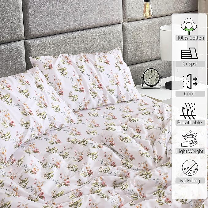 RUVANTI 100% Cotton Percale Sheets Full Size, Floral Bliss | Crisp Cooling, Deep Pocket 16", Soft Breathable & Durable, Hotel-Style, 4 Piece Set
