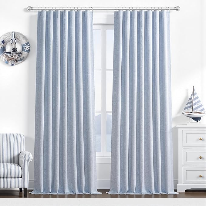 Dusty Blue Blackout Nursery Curtains 108 Inch Tall Length for Kids/Boys Rooms/Bedroom, Floor to Ceiling Track Pleated Large Window Drapes Linen Winter Thermal Coastal Light Blue(50"Wx108"Lx 2Panels)