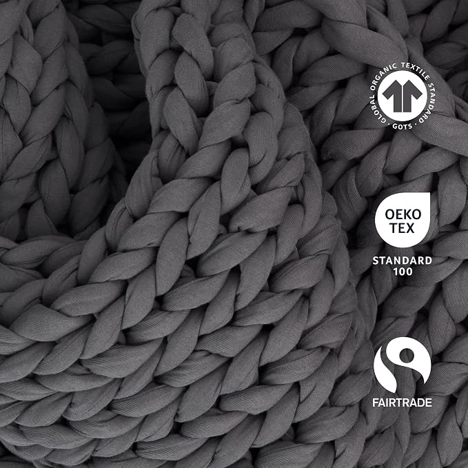 Cotton Hand-Knit Weighted Blankets for Adults - Chunky Knit Blanket - Sustainable, Breathable, Organic, Cooling Weighted Blanket - Machine Washable (Asteroid Grey, 10 lbs, 40"x64")