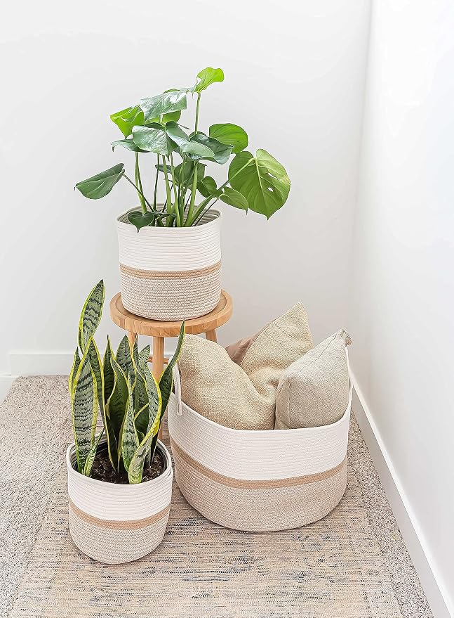 OrganiHaus Round Toy Basket & Blanket Basket, Cotton Rope 20x13" | Striped Honey - Round Cotton Rope Basket, 20x13"