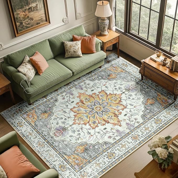 RELEANY Washable Area Rug, 6'x9', Beige/Carbon Grey/Orange | Non-Slip, Water Repellent, Pet Friendly, Easy to Clean, Vintage Floral Boho Decor for Living Room Bedroom Dining Room Office