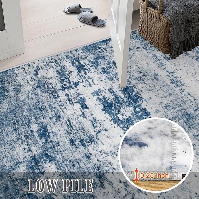 9x12 Area Rug Living Room Rug: Washable Modern Abstract Soft Thin Rug Indoor Floor No Slip Stain Resistant Carpet for Bedroom Dining Room Farmhouse Nursery Home Office - Blue