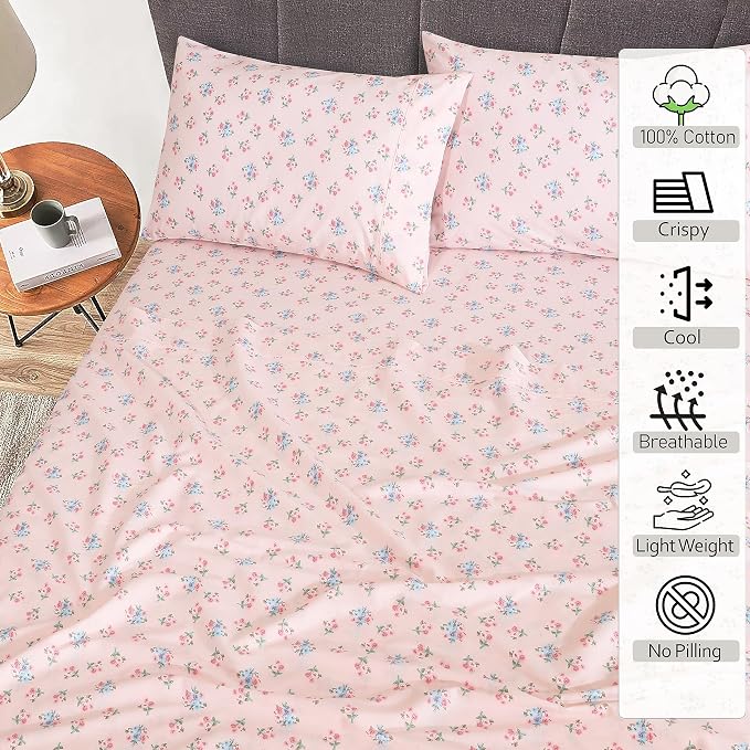 RUVANTI 100% Cotton Percale Sheets King Size, Spring On | Crisp Cooling, Deep Pocket 16", Soft Breathable & Durable, Hotel-Style, 4 Piece Set