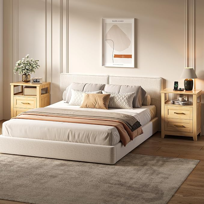 Decofy Farmhouse 2-Drawer Nightstand Set of 2 with Charging Station, Oak | Open Shelves, AC Outlets, USB And Type C Ports, Rustic Wood Bedside Tables, Storage For Small Items