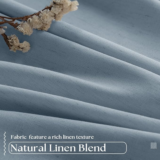Dusty Blue Pleated Linen 100% Blackout Curtains 102 Inches Long for Bedroom | Black Out Room Darkening, Thermal Insulated, Pinch Pleat Rings Hooks, for Living Room, Light Blue Curtains with Liner 40x102