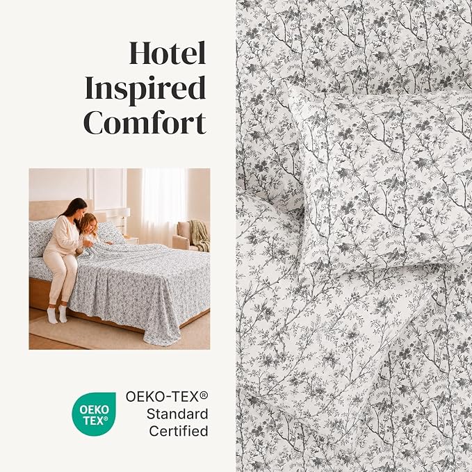 Modern Threads Silky Soft Microfiber and Wrinkle Free Sheets - Luxurious Microfiber Bed Sheets Includes Flat Sheet, Fitted Sheet with Deep Pockets, & Pillowcases Grey Garden Toile, King
