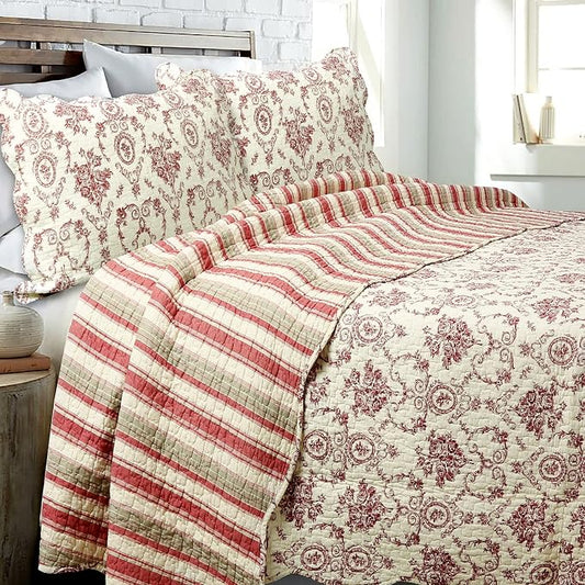 Cozy Line Home Fashions French Medallion Beige Burgundy Red Rose Flower Pattern Printed 100% Cotton Bedding Quilt Set Reversible Coverlet (Burgundy Red, Queen - 3 piece)