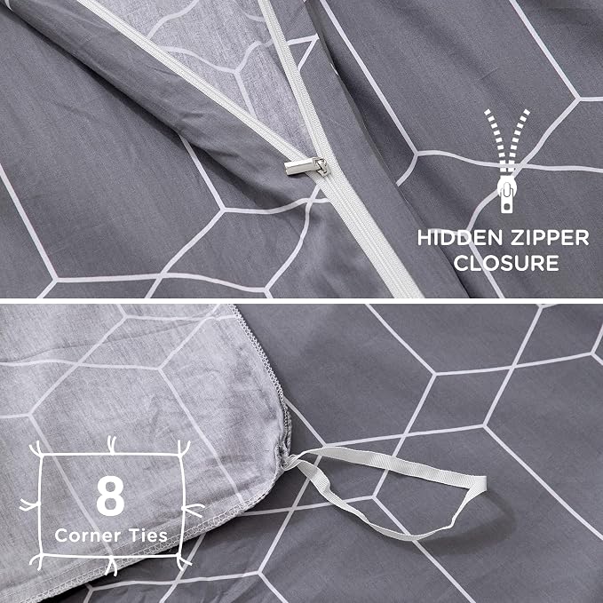 TOCOMOA Plaid Duvet Cover Set 100% Natural Cotton, Grey & White, King | Soft, Comfy & Breathable. Printed Bedding Set with Hidden Zipper & 8 Corner Ties. 3PCs, Comforter Not Included