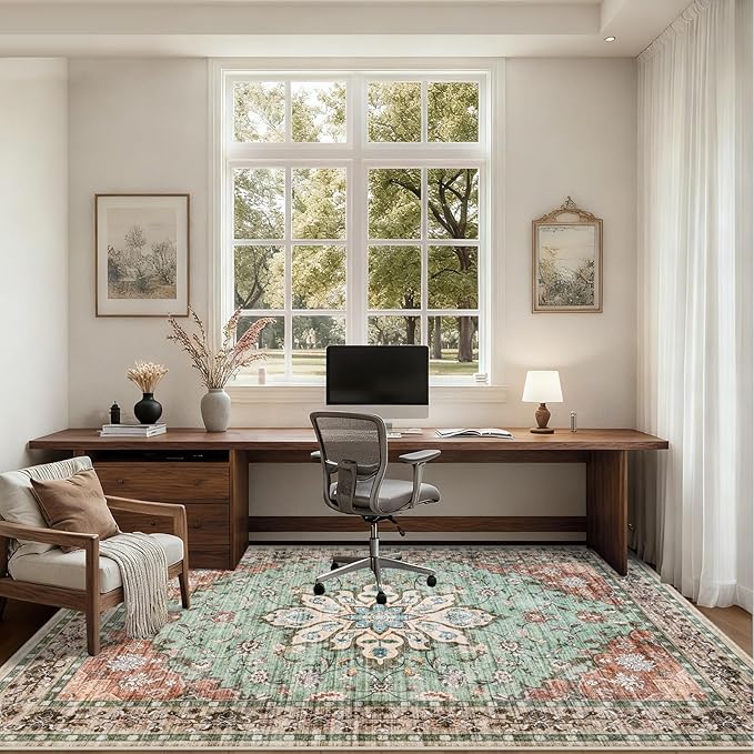 5x7 Area Rugs Living Room: Washable Rug for Bedroom Brown Green | Boho No Slip Stain Resistant Rug Soft Indoor Decor Floor Floral 5x7 Area Rugs for Dining Room, Nursery, Hallway, Home Office