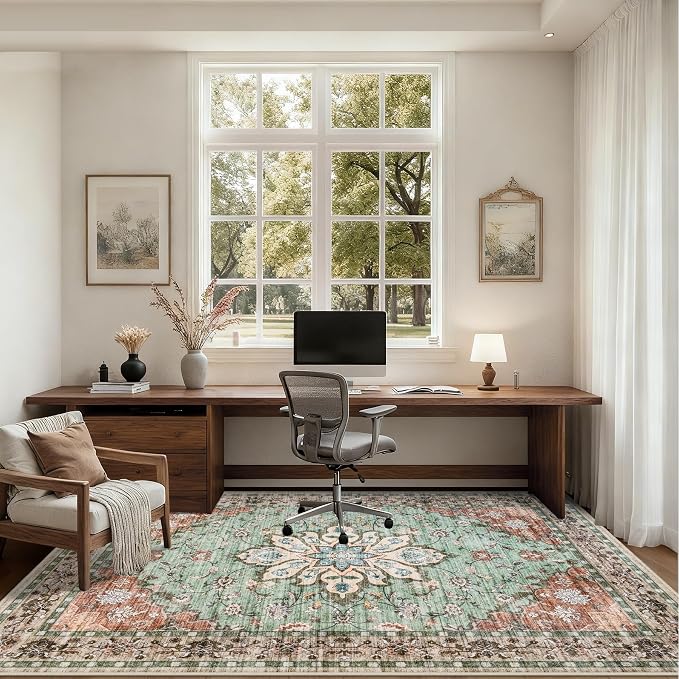 8x10 Area Rugs Living Room: Washable Rug for Bedroom Brown Green | Boho No Slip Stain Resistant Rug Soft Indoor Decor Floor Floral Area Rugs for Dining Room, Nursery, Hallway, Home Office