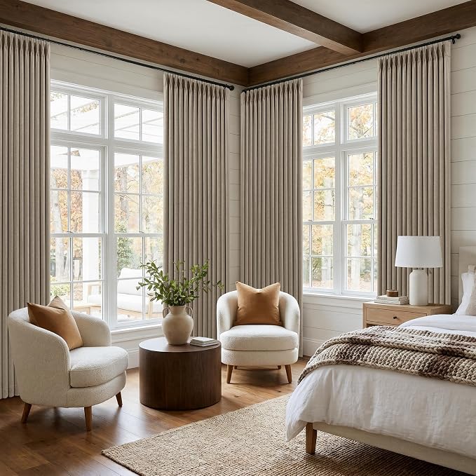 TWODRAPES Pleated Blackout Dark Flax 120 Inch Long Curtains Double Layer | Viral Pinch Pleated, Taupe Greige, 100% Black Out Linen Curtains, Soundproof, Neutral 120 Inch Window Drapes 2 Panels Set