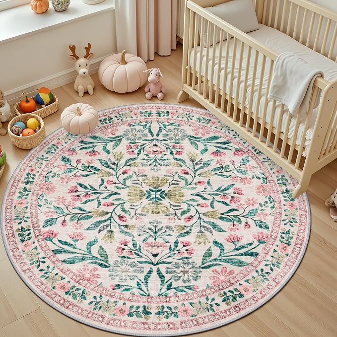 PLHXFR Round Area Rug Living Room: 6 ft Floral Washable Carpet Pink Green | For Bedroom Dining Room Farmhouse Nursery Hallway,Vintage Floral,Machine washable,Non Slip,Stain Resistant,Large Indoor