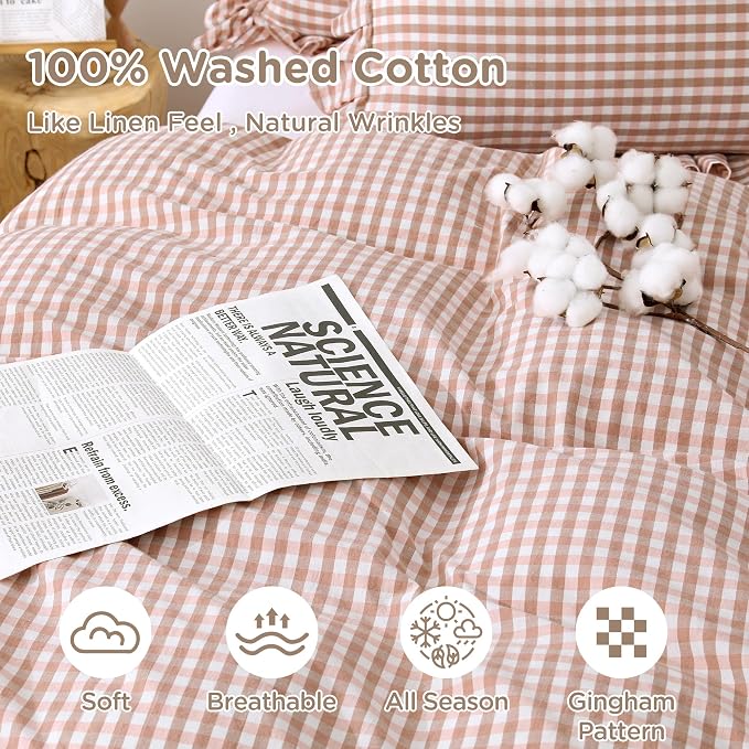 ATsense Pink Brown Gingham Ruffle Duvet Cover Set Cotton Like Linen, King | 100% Washed Cotton Linen-Like Feel Soft, Breathable & Comfy. Fall Farmhouse Bedding Set, Zipper & 8 Ties. 3 Pcs, No Insert