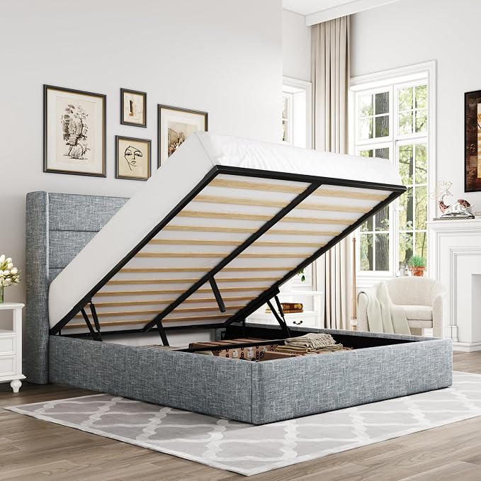 Allewie Full Size Lift Up Hydraulic Storage Bed Frame Blue Grey | Modern Wingback Headboard, Hydraulic Support Storage, No Box Spring Needed