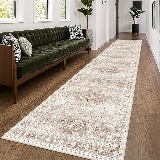 Beige Boho 3x16 Extra Long Runner Rug for Hallway, Washable Large Kitchen Floor Rug, Non-Slip Stain & Fade Resistant, Vintage Charming Geometric Floral Décor (3x16 Beige/Latte)
