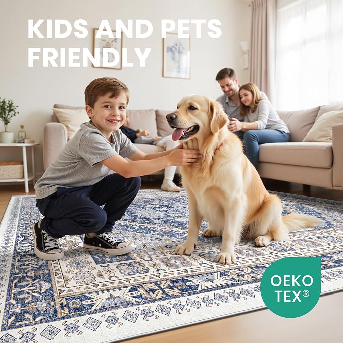 10x14 Area Rugs for Living Room,Large Washable Rug,Blue | Rugs for Bedroom,Dining Room,Office,Low Pile,Soft, Vintage Rug,Stain Resistant Indoor Carpet,Non Slip,Home Decor
