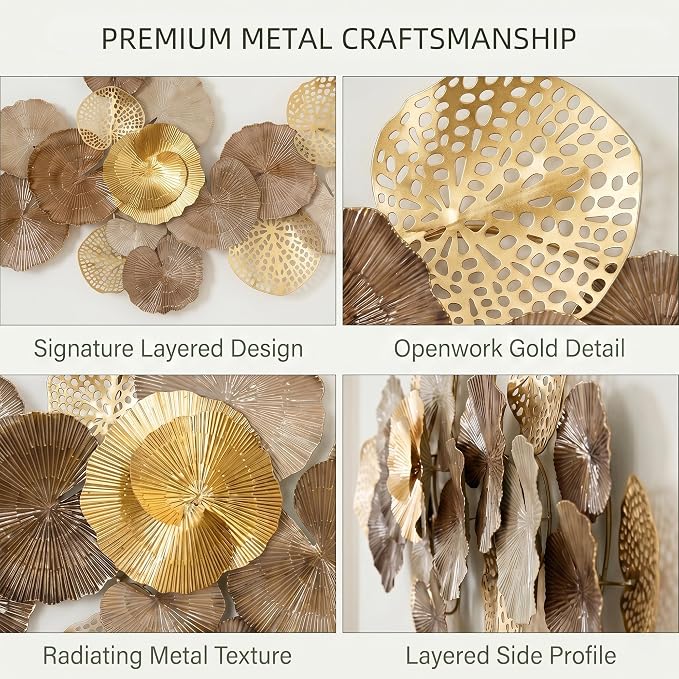 Axioglo 51" Large Wall Decor 3D Lotus Leaf Metal Wall Art for Living Room | 51" x 25" metal wall decor with layered metal texture, mounting hardware, two-way display