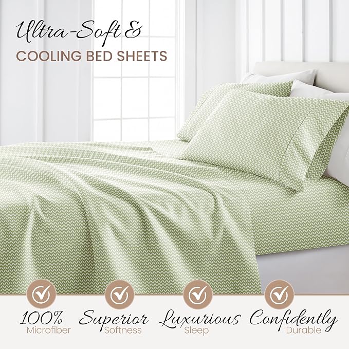 Linen Market Double-Brushed Patterned Microfiber Full Sheet Set 4 Piece – Oeko-TEX Certified Ultra Soft & Wrinkle-Free - 16" Deep Pocket Sheets - Easy Care Full Size - Puffed Chevron Sage